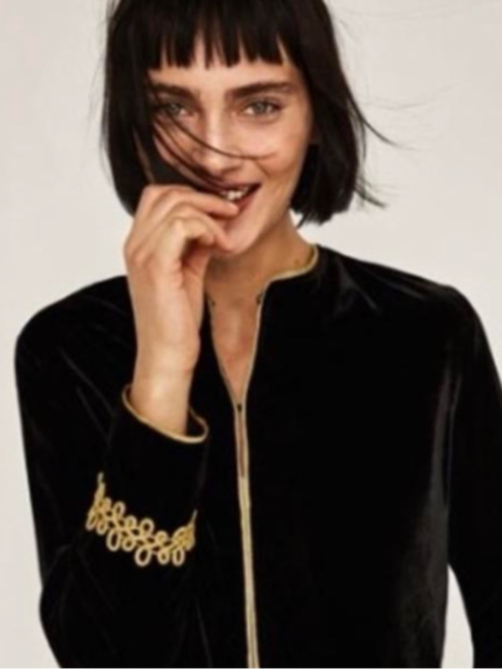 ZARA | Black Velvet Gold Appliqué Embroidered Military Cropped Jacket Blazer L
